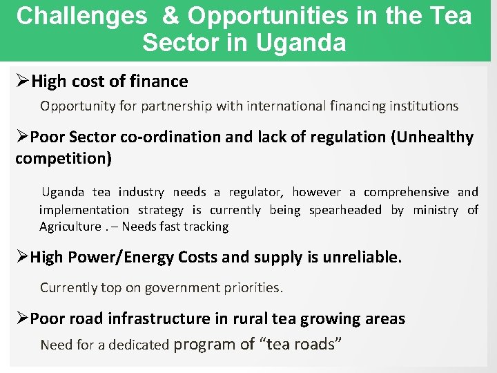 Challenges & Opportunities in the Tea Sector in Uganda High cost of finance Opportunity