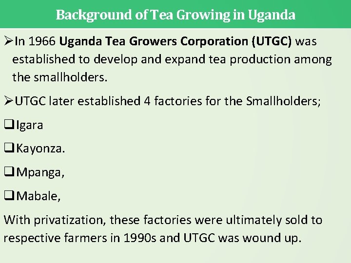 Background of Tea Growing in Uganda In 1966 Uganda Tea Growers Corporation (UTGC) was