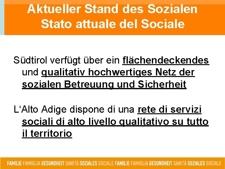 Aktueller Stand des Sozialen Stato attuale del Sociale Südtirol verfügt über ein flächendeckendes und