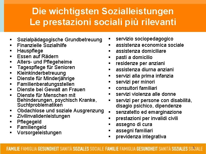 Die wichtigsten Sozialleistungen Le prestazioni sociali più rilevanti § § § § Sozialpädagogische Grundbetreuung