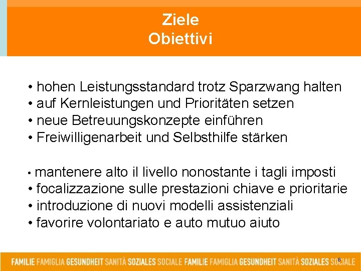 Ziele Obiettivi • hohen Leistungsstandard trotz Sparzwang halten • auf Kernleistungen und Prioritäten setzen