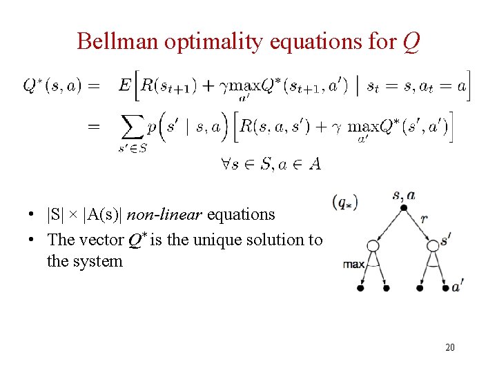 Bellman optimality equations for Q • |S| × |A(s)| non-linear equations • The vector