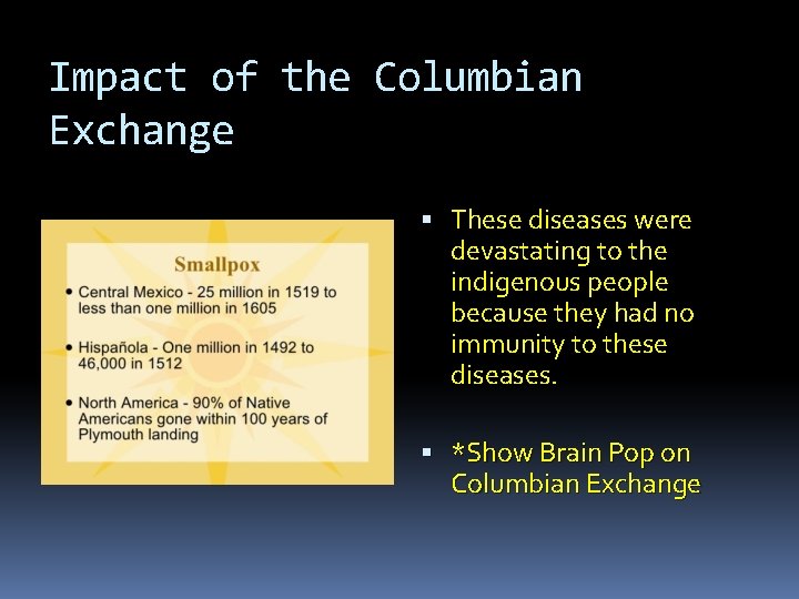 Impact of the Columbian Exchange These diseases were devastating to the indigenous people because