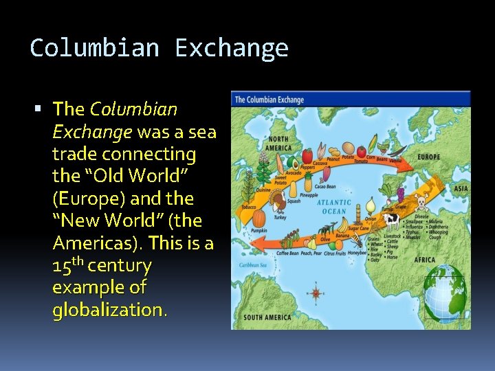 Columbian Exchange The Columbian Exchange was a sea trade connecting the “Old World” (Europe)