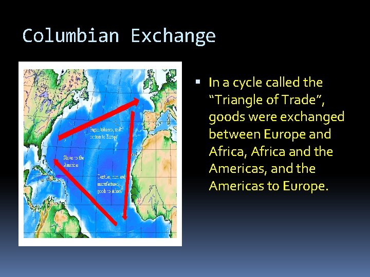 Columbian Exchange In a cycle called the “Triangle of Trade”, goods were exchanged between