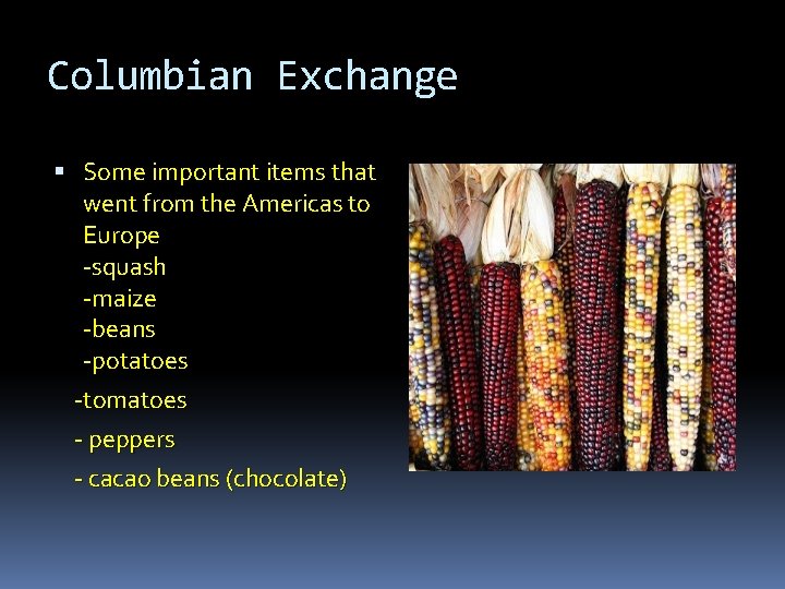 Columbian Exchange Some important items that went from the Americas to Europe -squash -maize