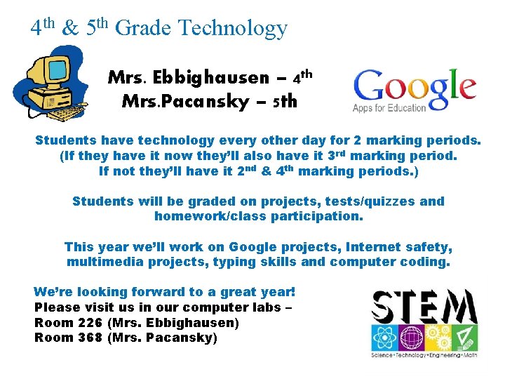 4 th & 5 th Grade Technology Mrs. Ebbighausen – 4 th Mrs. Pacansky 4 th & 5 th Grade Technology Mrs. Ebbighausen – 4 th Mrs. Pacansky