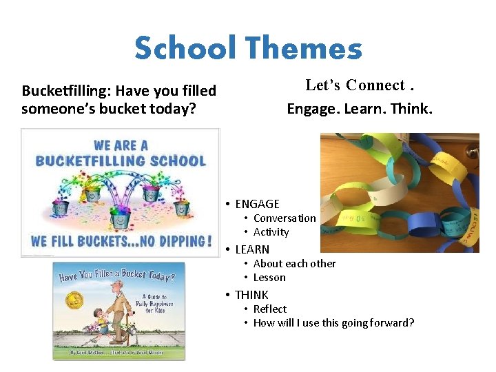 School Themes Let’s Connect. Engage. Learn. Think. Bucketfilling: Have you filled someone’s bucket today? School Themes Let’s Connect. Engage. Learn. Think. Bucketfilling: Have you filled someone’s bucket today?