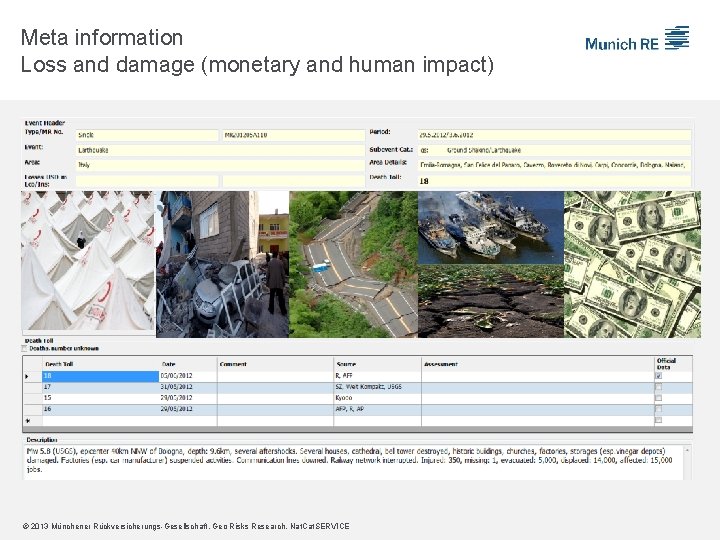 Meta information Loss and damage (monetary and human impact) © 2013 Münchener Rückversicherungs-Gesellschaft, Geo