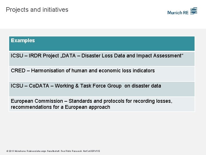 Projects and initiatives Examples ICSU – IRDR Project „DATA – Disaster Loss Data and