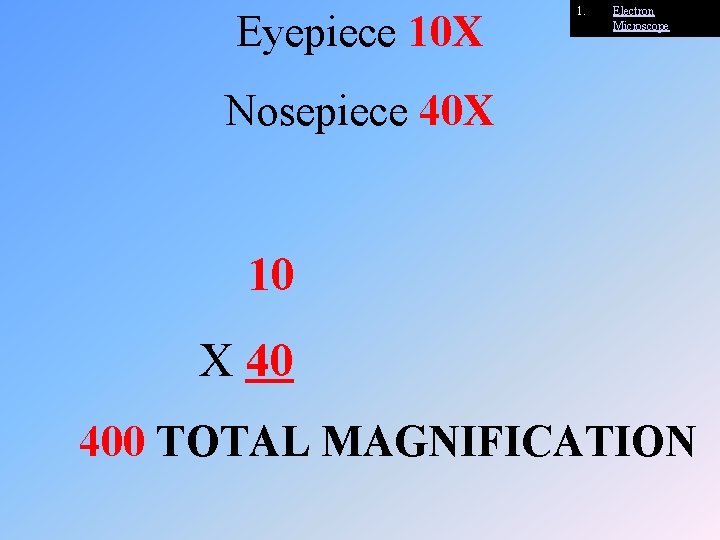 Eyepiece 10 X 1. Electron Microscope Nosepiece 40 X 10 X 40 400 TOTAL