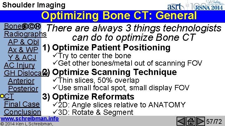 Shoulder Imaging Optimizing Bone CT: General Bones. S C H There always 3 things