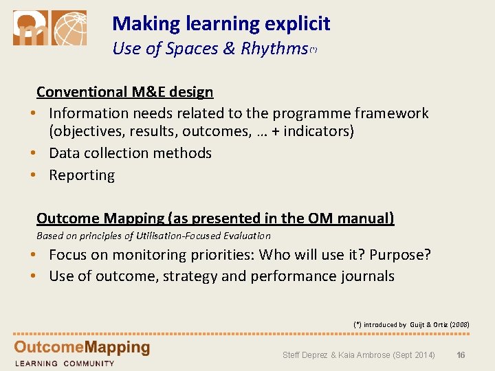 Making learning explicit Use of Spaces & Rhythms (*) Conventional M&E design • Information