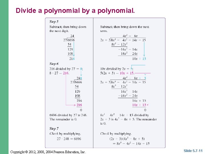 Divide a polynomial by a polynomial. Copyright © 2012, 2008, 2004 Pearson Education, Inc. Divide a polynomial by a polynomial. Copyright © 2012, 2008, 2004 Pearson Education, Inc.