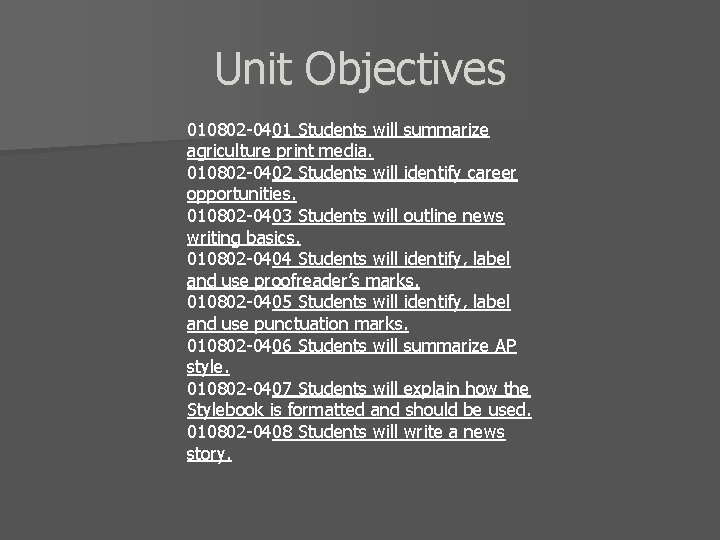 Unit Objectives 010802 -0401 Students will summarize agriculture print media. 010802 -0402 Students will