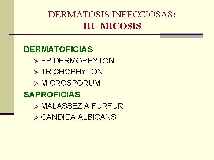 DERMATOSIS INFECCIOSAS: III- MICOSIS DERMATOFICIAS EPIDERMOPHYTON Ø TRICHOPHYTON Ø MICROSPORUM Ø SAPROFICIAS MALASSEZIA FURFUR DERMATOSIS INFECCIOSAS: III- MICOSIS DERMATOFICIAS EPIDERMOPHYTON Ø TRICHOPHYTON Ø MICROSPORUM Ø SAPROFICIAS MALASSEZIA FURFUR