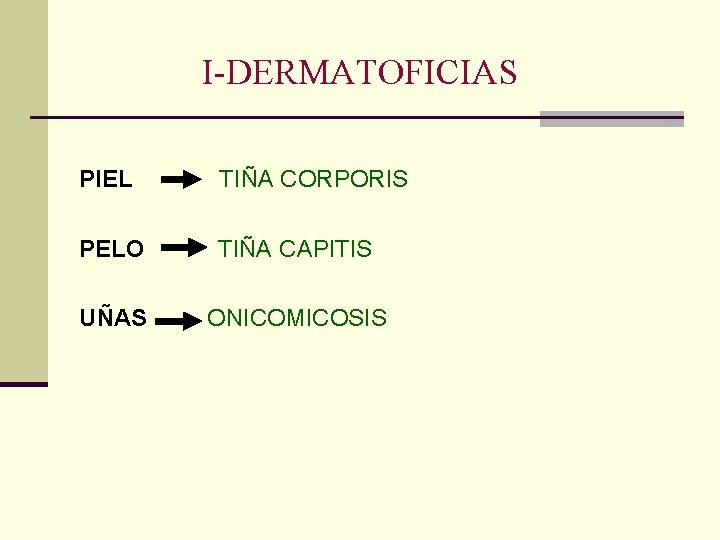 I-DERMATOFICIAS PIEL TIÑA CORPORIS PELO TIÑA CAPITIS UÑAS ONICOMICOSIS I-DERMATOFICIAS PIEL TIÑA CORPORIS PELO TIÑA CAPITIS UÑAS ONICOMICOSIS