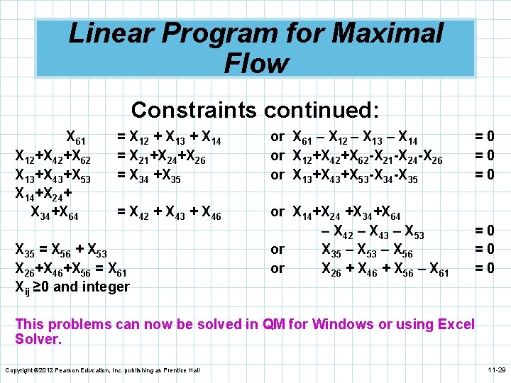 Linear Program for Maximal Flow Constraints continued: X 61 X 12+X 42+X 62 X