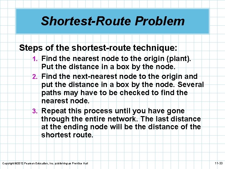 Shortest-Route Problem Steps of the shortest-route technique: 1. Find the nearest node to the