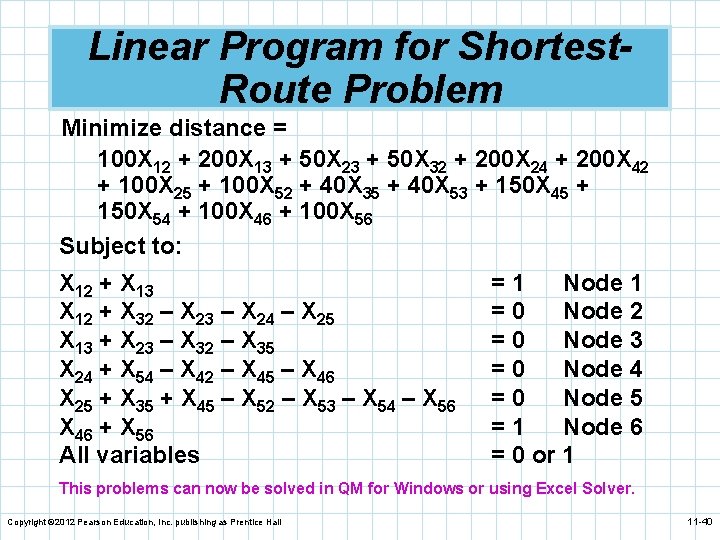 Linear Program for Shortest. Route Problem Minimize distance = 100 X 12 + 200