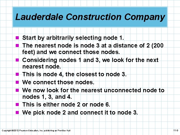 Lauderdale Construction Company n Start by arbitrarily selecting node 1. n The nearest node