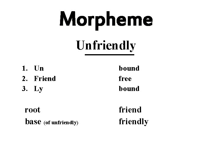 Morpheme Unfriendly 1. Un 2. Friend 3. Ly root base (of unfriendly) bound free