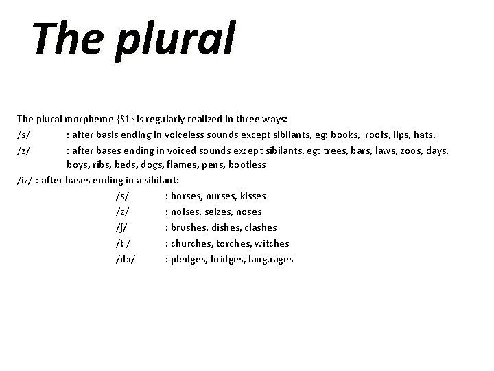 The plural morpheme {S 1} is regularly realized in three ways: /s/ : after