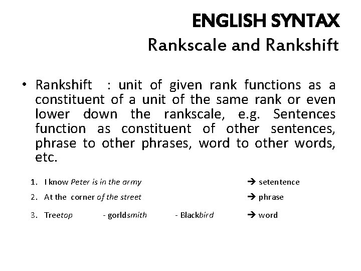 ENGLISH SYNTAX Rankscale and Rankshift • Rankshift : unit of given rank functions as