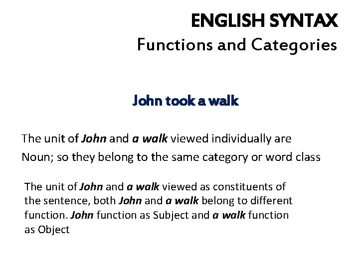 ENGLISH SYNTAX Functions and Categories John took a walk The unit of John and