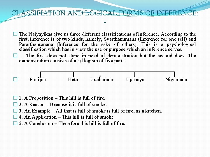 CLASSIFIATION AND LOGICAL FORMS OF INFERENCE: � The Naiyayikas give us three different classifications CLASSIFIATION AND LOGICAL FORMS OF INFERENCE: � The Naiyayikas give us three different classifications