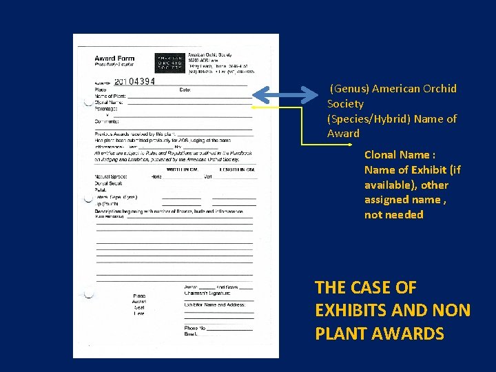  (Genus) American Orchid Society (Species/Hybrid) Name of Award Clonal Name : Name of