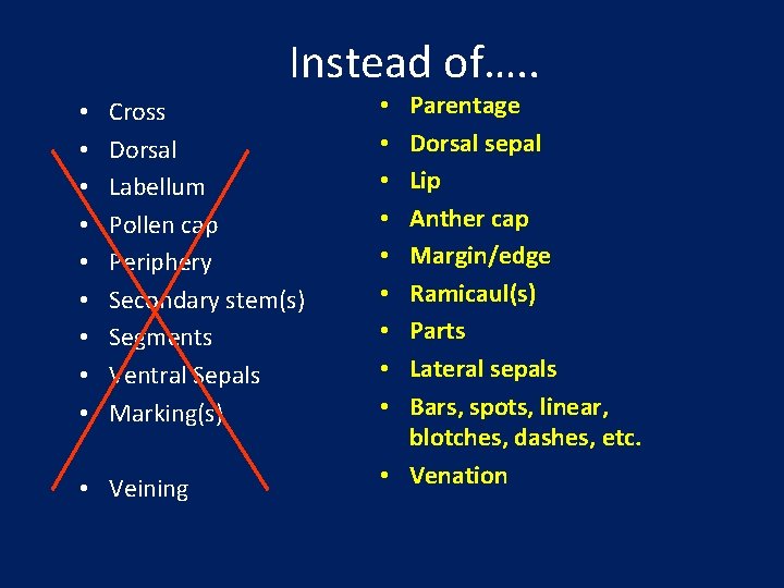 Instead of…. . • • • Cross Dorsal Labellum Pollen cap Periphery Secondary stem(s)