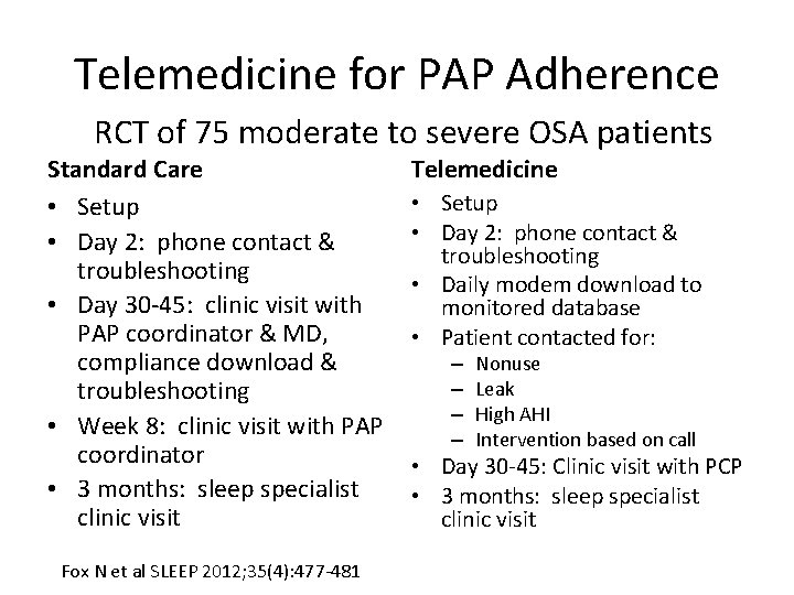 Telemedicine for PAP Adherence RCT of 75 moderate to severe OSA patients Standard Care