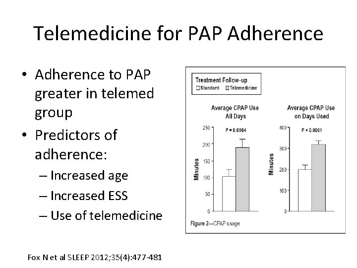 Telemedicine for PAP Adherence • Adherence to PAP greater in telemed group • Predictors