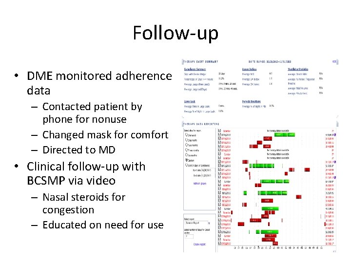 Follow-up • DME monitored adherence data – Contacted patient by phone for nonuse –