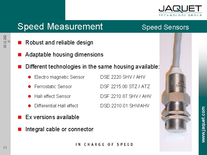 05. 11. 202 0 Speed Measurement Speed Sensors n Robust and reliable design n