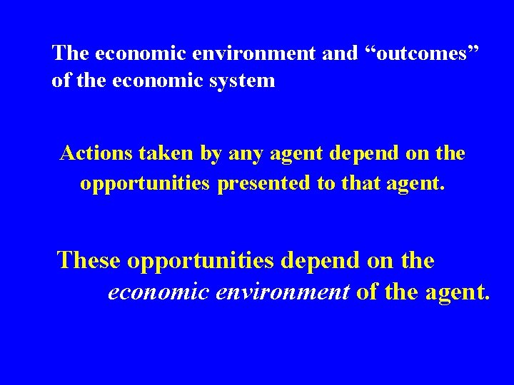 The economic environment and “outcomes” of the economic system Actions taken by any agent