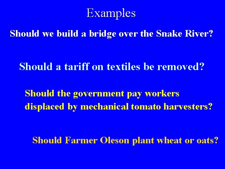 Examples Should we build a bridge over the Snake River? Should a tariff on