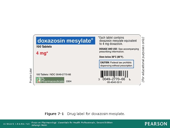 (For educational purposes only) Figure 7 -1 Drug label for doxazosin mesylate. Focus on