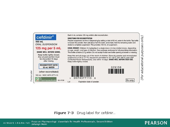 (For educational purposes only) Figure 7 -3 Drug label for cefdinir. . Focus on