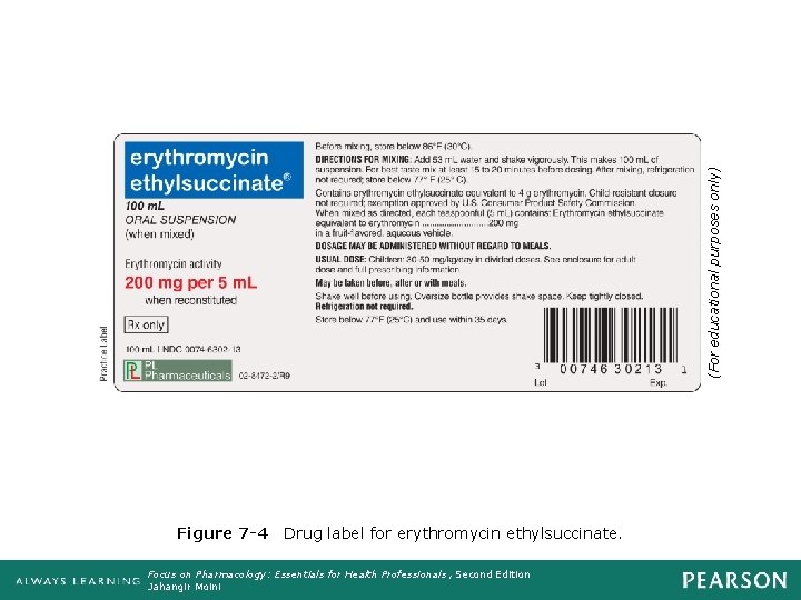 (For educational purposes only) Figure 7 -4 Drug label for erythromycin ethylsuccinate. Focus on