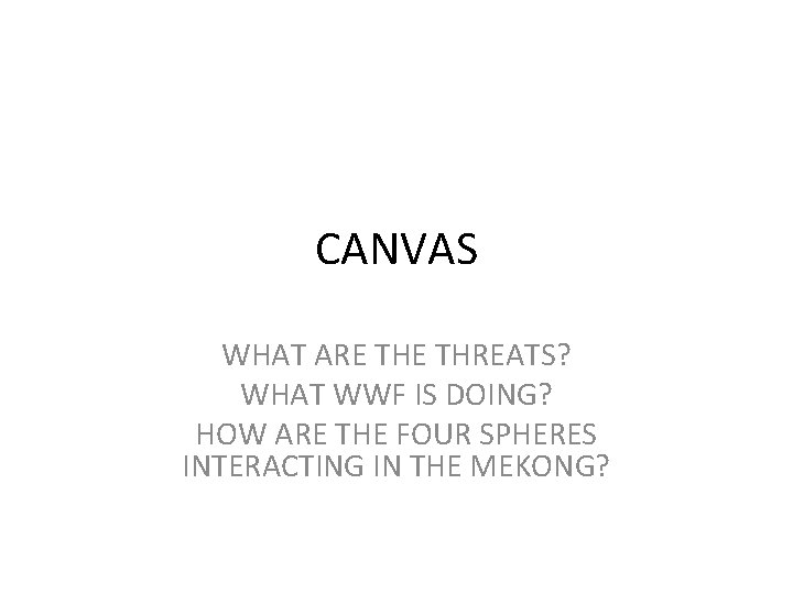 CANVAS WHAT ARE THREATS? WHAT WWF IS DOING? HOW ARE THE FOUR SPHERES INTERACTING