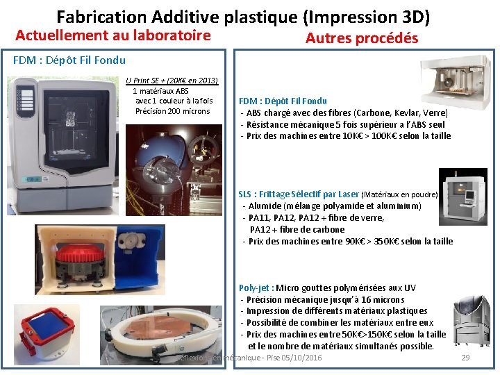 Fabrication Additive plastique (Impression 3 D) Actuellement au laboratoire Autres procédés FDM : Dépôt