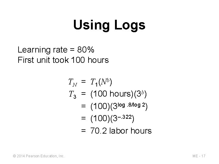 Using Logs Learning rate = 80% First unit took 100 hours TN = T Using Logs Learning rate = 80% First unit took 100 hours TN = T