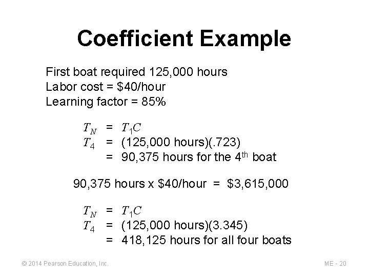 Coefficient Example First boat required 125, 000 hours Labor cost = $40/hour Learning factor