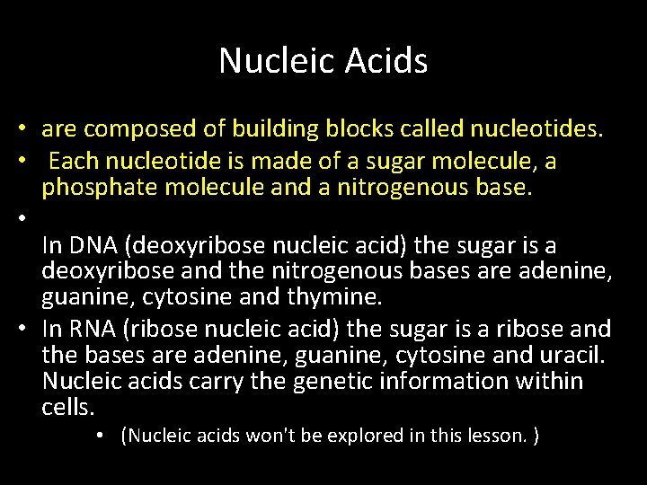 Nucleic Acids • are composed of building blocks called nucleotides. • Each nucleotide is Nucleic Acids • are composed of building blocks called nucleotides. • Each nucleotide is