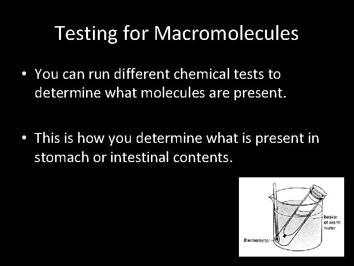 Testing for Macromolecules • You can run different chemical tests to determine what molecules Testing for Macromolecules • You can run different chemical tests to determine what molecules