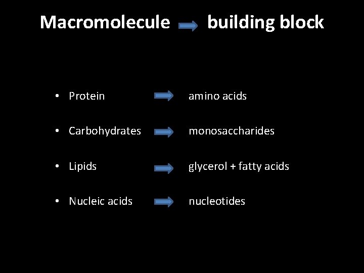 Macromolecule building block • Protein amino acids • Carbohydrates • Lipids • Nucleic acids Macromolecule building block • Protein amino acids • Carbohydrates • Lipids • Nucleic acids