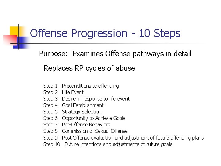 Offense Progression - 10 Steps Purpose: Examines Offense pathways in detail Replaces RP cycles