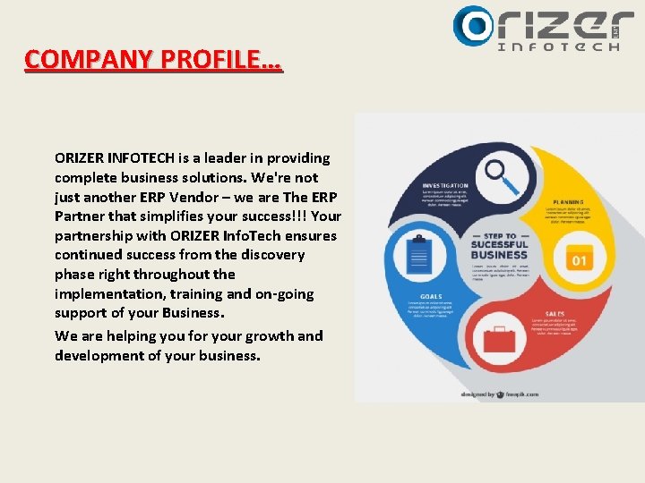 COMPANY PROFILE… ORIZER INFOTECH is a leader in providing complete business solutions. We're not COMPANY PROFILE… ORIZER INFOTECH is a leader in providing complete business solutions. We're not